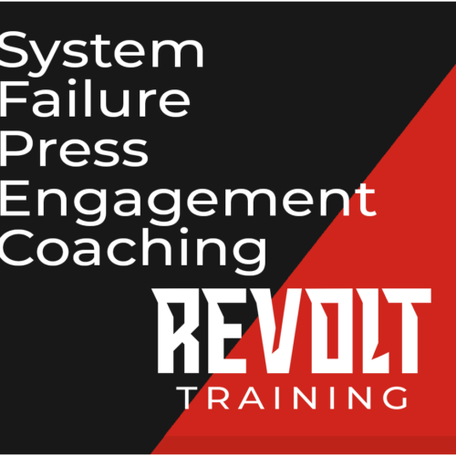 Revolt Training logo with text: System Failure Press Engagement Coaching on black and red background.