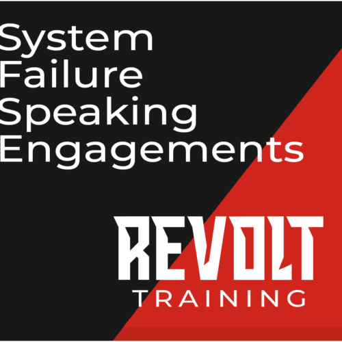 Revolt Training logo with text: System Failure Speaking Engagements, black and red geometric background.