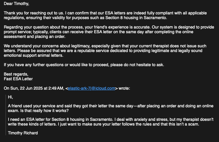 Fast ESA Letter response email