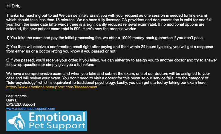 Emotional Pet Support email screenshot