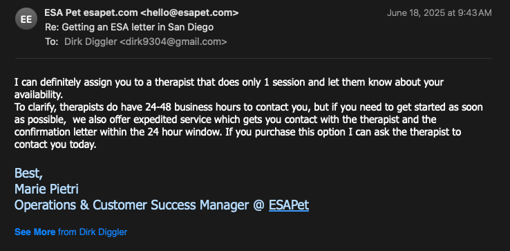 ESA Pet expedited service response
