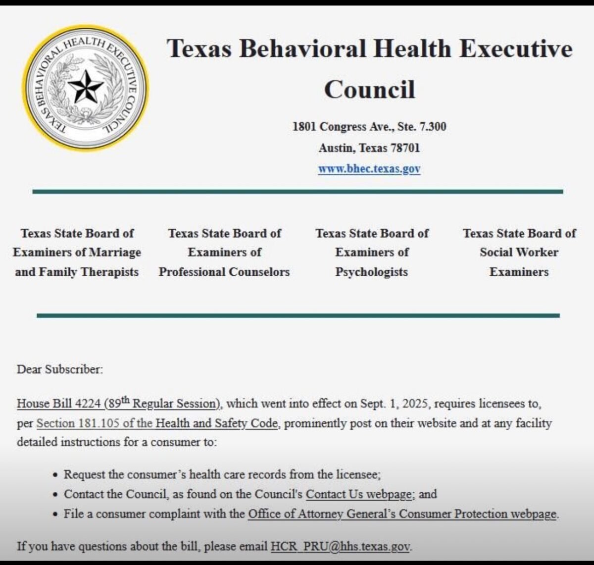 Texas Behavioral Health Executive Council notice on House Bill 4224 requirements for health record requests and complaints.