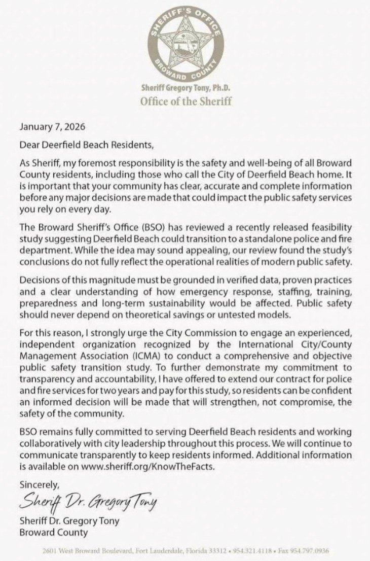 Official letter from Broward County Sheriff Dr. Gregory Tony to Deerfield Beach residents regarding a feasibility study on transitioning to an independent police and fire department.