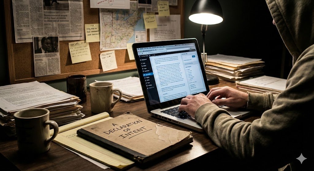 Person in hoodie typing on laptop amidst files, papers, and coffee mugs, in a cozy, dimly lit workspace.
