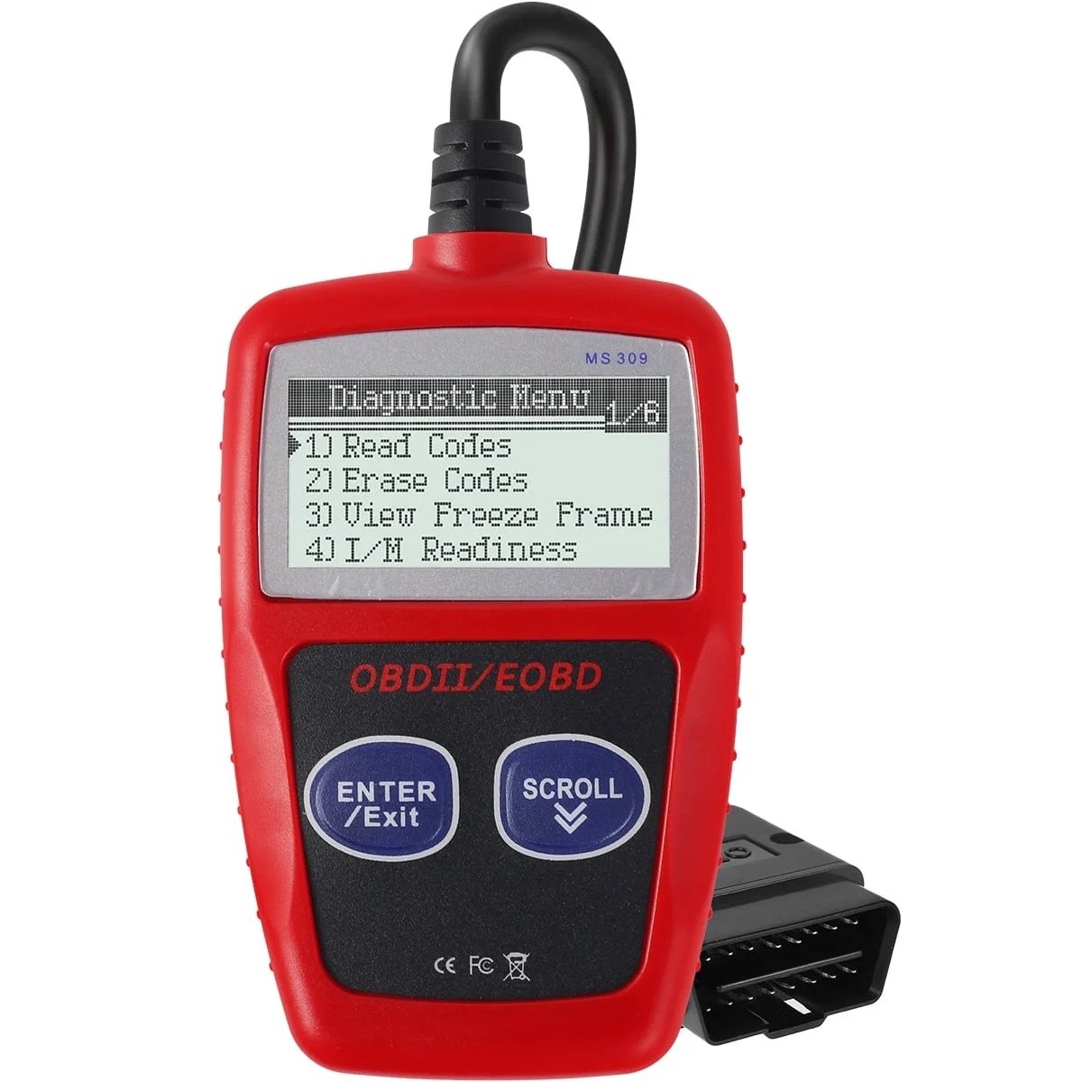 Red OBDII/EOBD diagnostic scanner with menu options: read codes, erase codes, view freeze frame, I/M readiness.