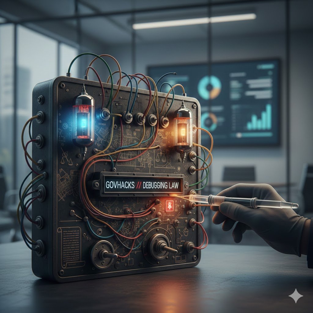 Steampunk control panel with glowing tubes and wires, labeled GOVHACKS // DEBUGGING LAW, in a modern office.