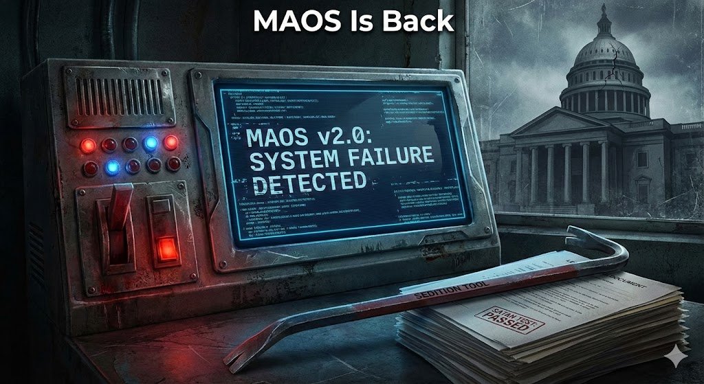 Retro computer screen showing MAOS v2.0: System Failure Detected with a crowbar and papers, Capitol in the background.