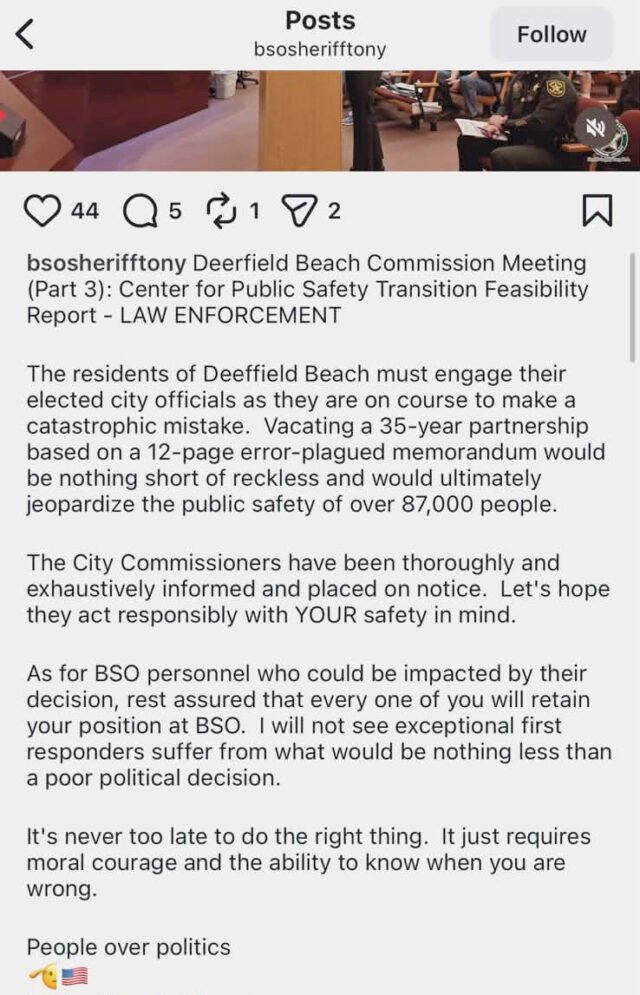 Sheriff's post on Deerfield Beach public safety meeting addressing concerns about a transition plan and emphasizing community safety.