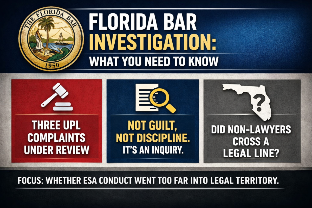 Florida Bar investigation explores UPL complaints and ESA conduct's legal boundaries. Key insights and details.