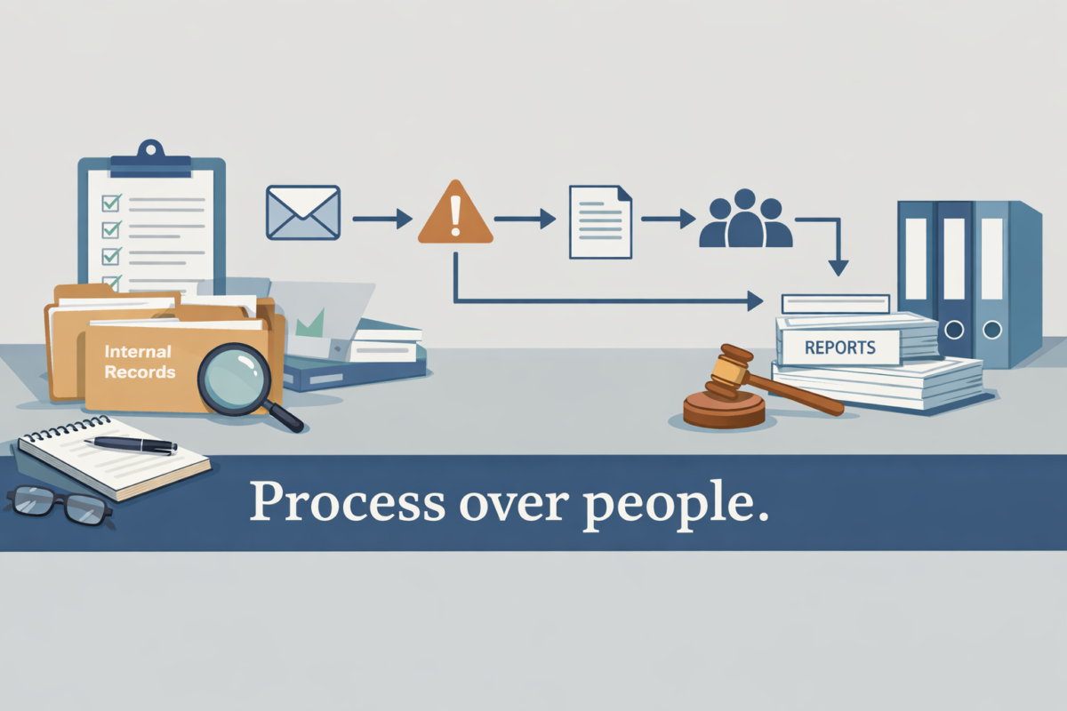 Illustration highlighting Process over people with documents, reports, and a workflow diagram.